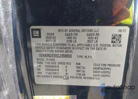 2012 Chevrolet Traverse 1Lt from USA, damaged, VIN 1GNKRGED6CJ358650